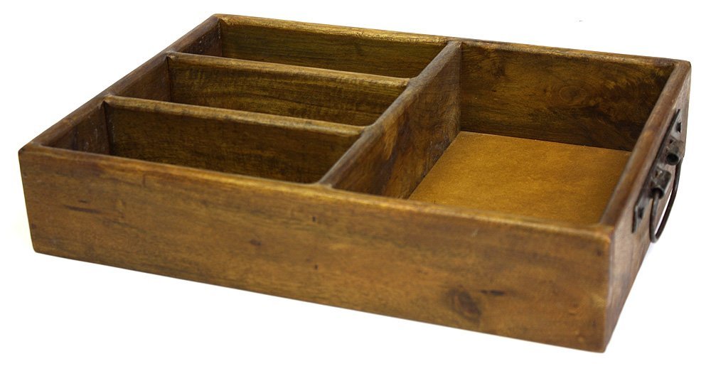 Mountain Woods 4 Section Merlot Vintage Style Brown Mango Wood Organizer Tray/Caddy w/ Metal Handles 1