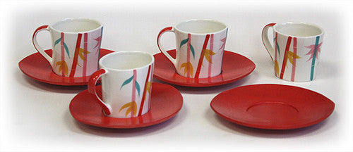Hues & Brews Multi-color 8 Piece 6 Oz. Bamboo Pattern Tea Cups & Saucers