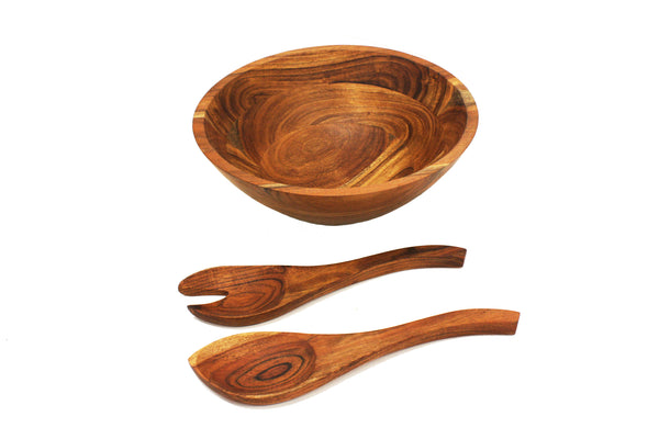 Mountain Woods 3 Piece Brown Acacia Wood Bowl and Premium Utensils Set