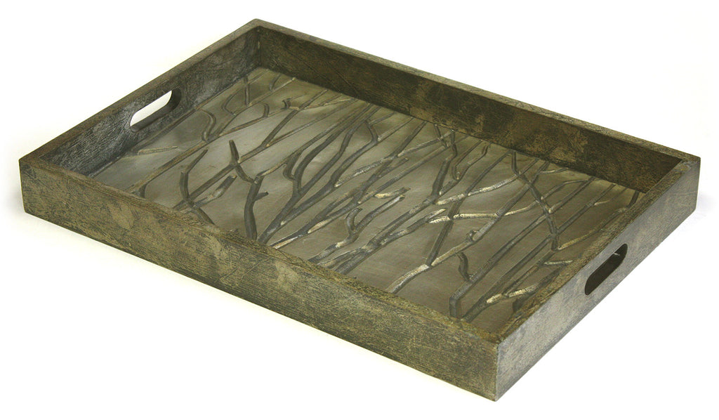Mountain Woods Golden Tree Line Luxury Wooden Serving Tray w/ Brushed Aluminum Accents 1