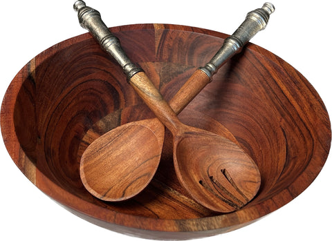 Mountain Woods Set of 2 Luxury & Elegant Acacia Salad Server / Utensil set with Cast Aluminum classic Design Handle - 12"