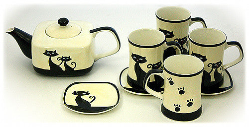 Hues & Brews Ivory 9 Piece Cattitude Teapot, Mugs & Coasters Set - 10"