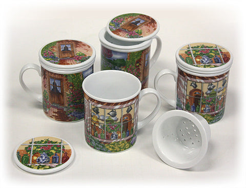 Hues & Brews Multi-color 4 Piece "Garden Cottages" Lidded Tea Infuser Mug Set - 4.25"