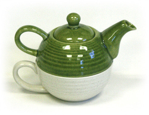 Hues & Brews Two-Tone Green and Cream Tea For One Set - 7.25"