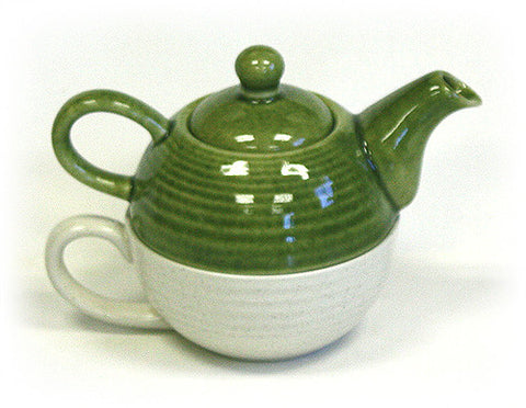 Hues & Brews Two-Tone Green and Cream Tea For One Set - 7.25"