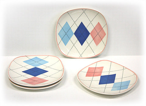 Hues & Brews 4 Piece Multi-Color Argyle Dessert and Snack Plates 1