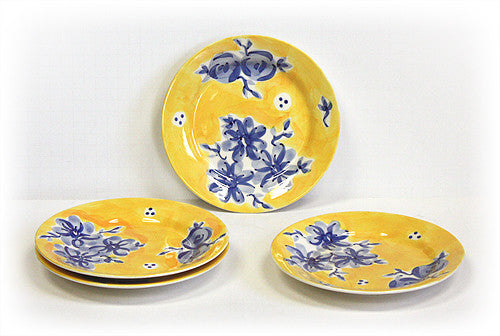 Hues & Brews 4 Piece Blue/Yellow Blueberry Blossoms Dessert and Snack Plates 1