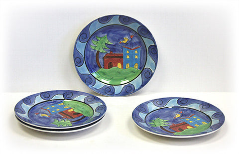 Hues & Brews Multi-Color 4 Piece Yellow Bird Village Dessert and Snack Plates - 8.38"