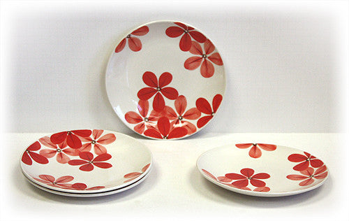 Hues & Brews 4 Piece White/Crimson Blossoms Dessert and Snack Plates 1