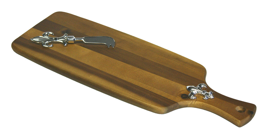 Mountain Woods Brown Fleur-De-Lis Acacia Hardwood Paddle Cutting/Serving Board and Spreader Knife Set 1