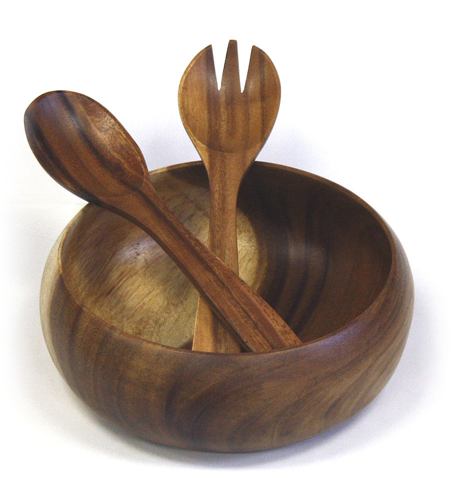 Mountain Woods 3 Piece Brown Acacia Wood Calabash Bowl and Premium Utensils Set 1
