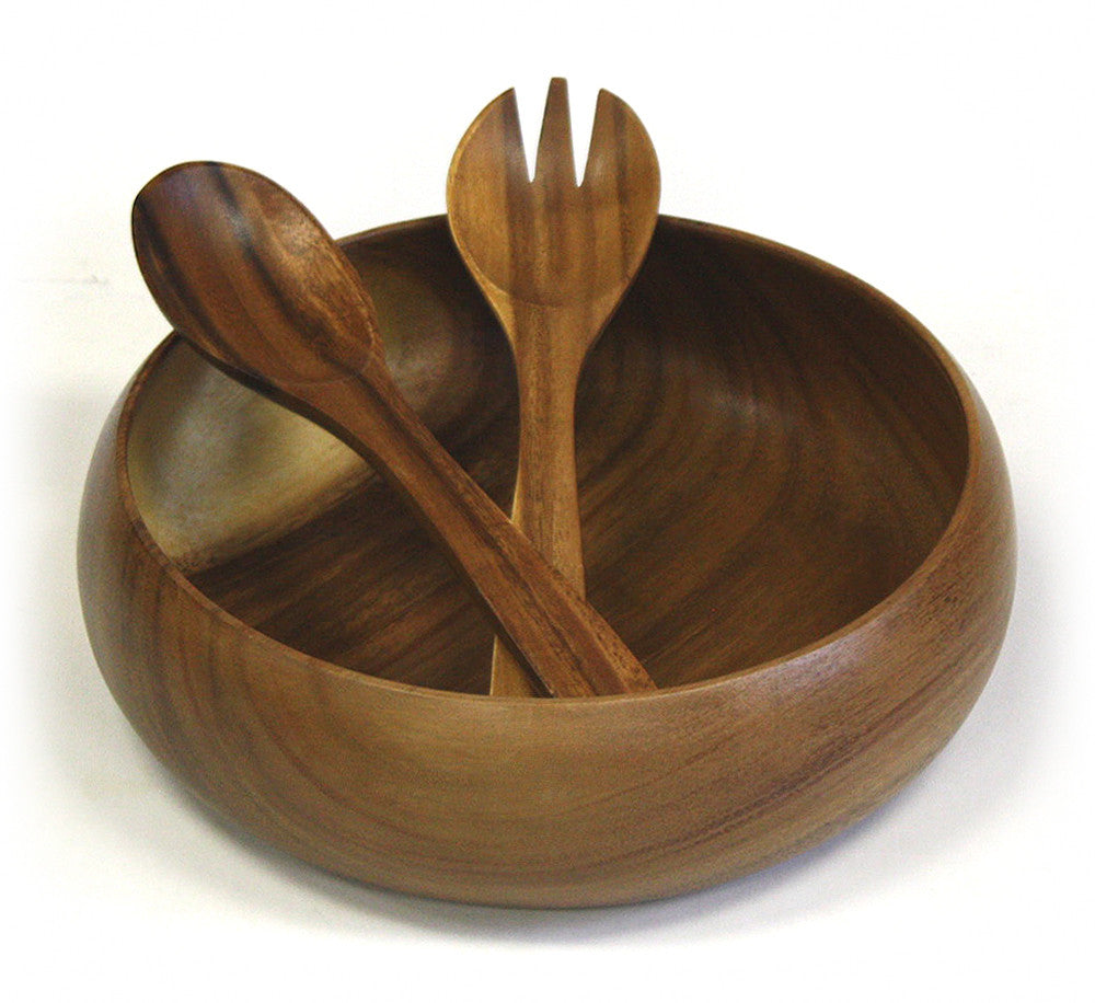 3 Piece 12" Acacia Calabash Bowl & Premium Utensils Set by Mountain Woods