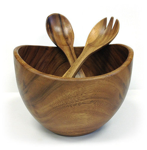 Mountain Woods Brown 3 Piece Organic Acacia Wood Serving Bowl & Utensils Set -10"