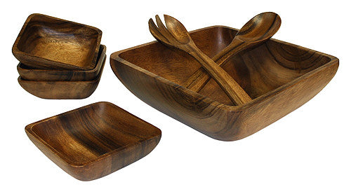 Mountain Woods Brown 7 Piece Square Artisan Acacia Wood Serving Bowls & Utensils Set - 12"