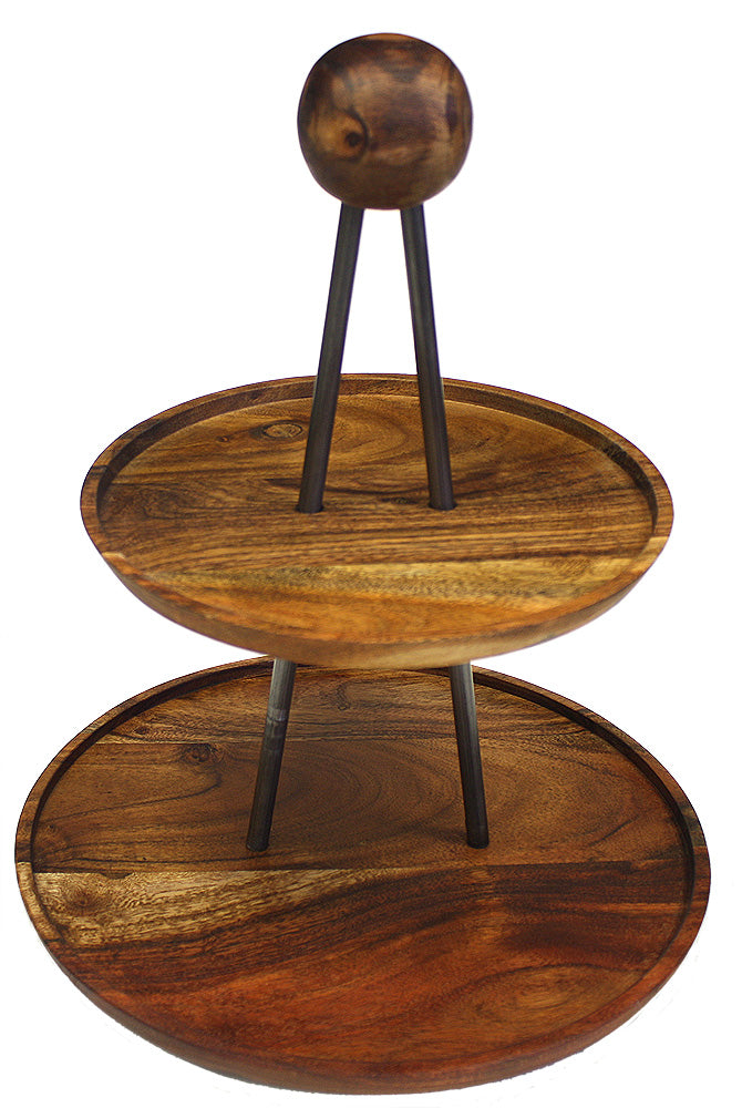 Mountain Woods Brown Solid Acacia Wood Two Tiered Serving Stand /  Tray 1