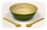 3 Piece 14 Inch Glossy Celadon Green Bowl and 12 inch Wooden Utensils Set