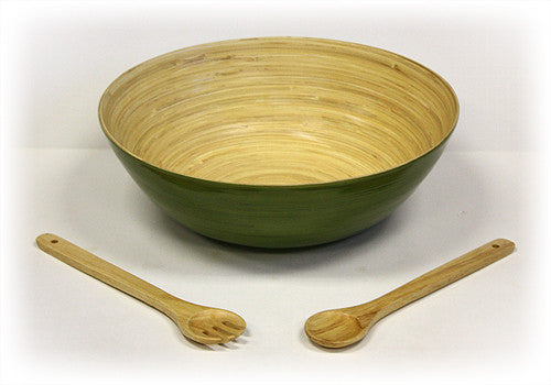 3 Piece 16 Inch Glossy Celadon Green Bowl and  Wooden Utensils Set