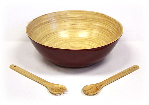 3 Piece 16 Inch Glossy Mahogany Bowl and Utensils Set