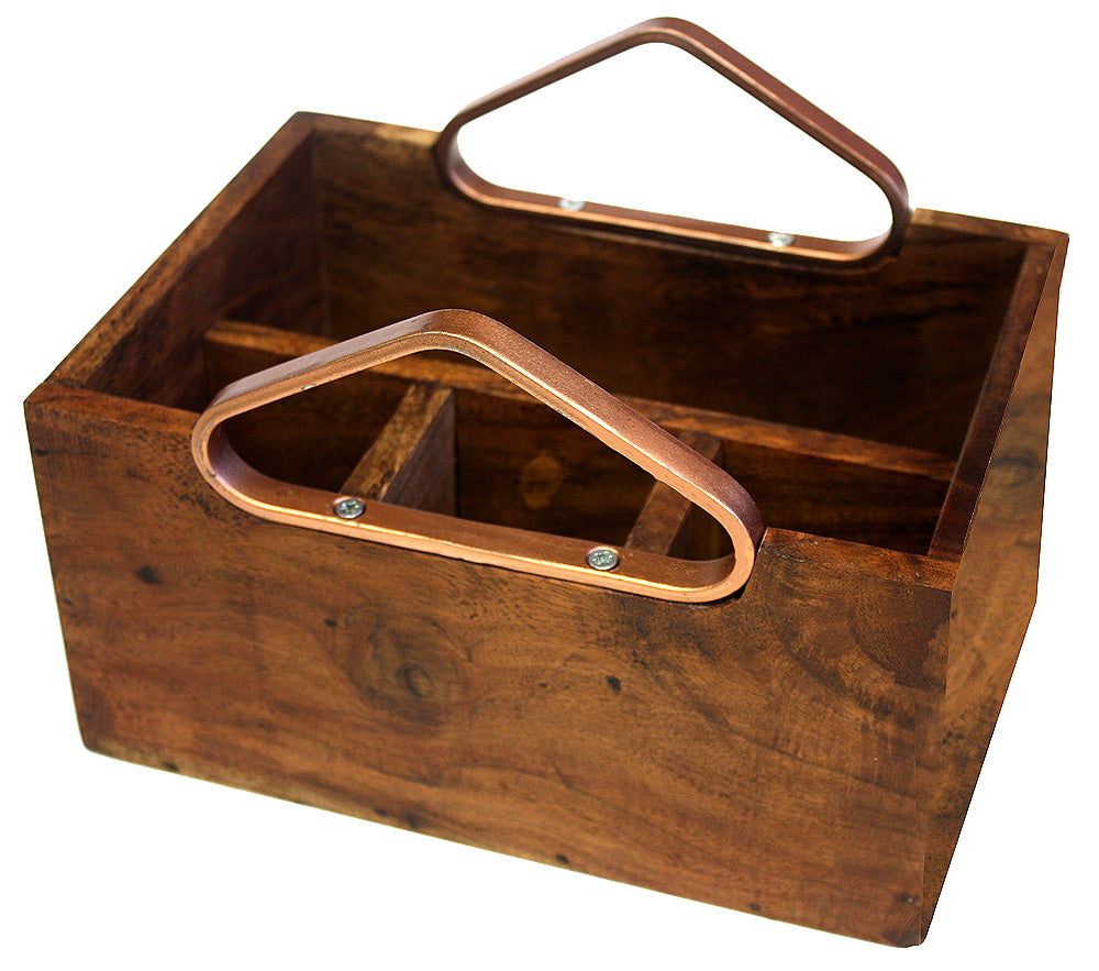 Mountain Woods Brown Acacia Wood 4 Compartment Caddy with Copper Handles 1