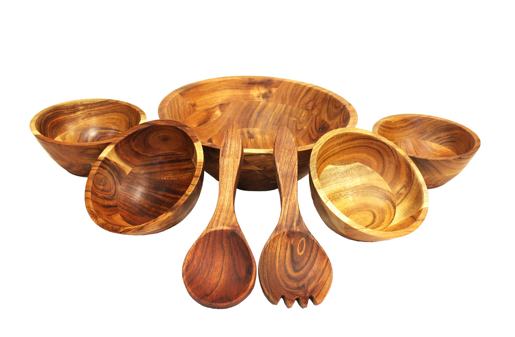 Mountain Woods 7 Piece Organic Brown wood Serving Bowl Set | Serving Salad, Pasta, Fruits, Dessert, Cereal, Snacks | Decorative Bowl | Perfect Gift - 12" x 12" x 4.25"
