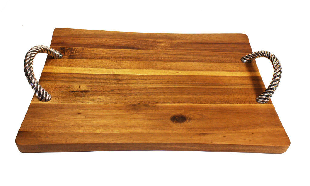 Mountain Woods Brown Extra Large Acacia Artisan Cutting Board and Serving Tray with Vine Shaped Metal Handles - 21.5''