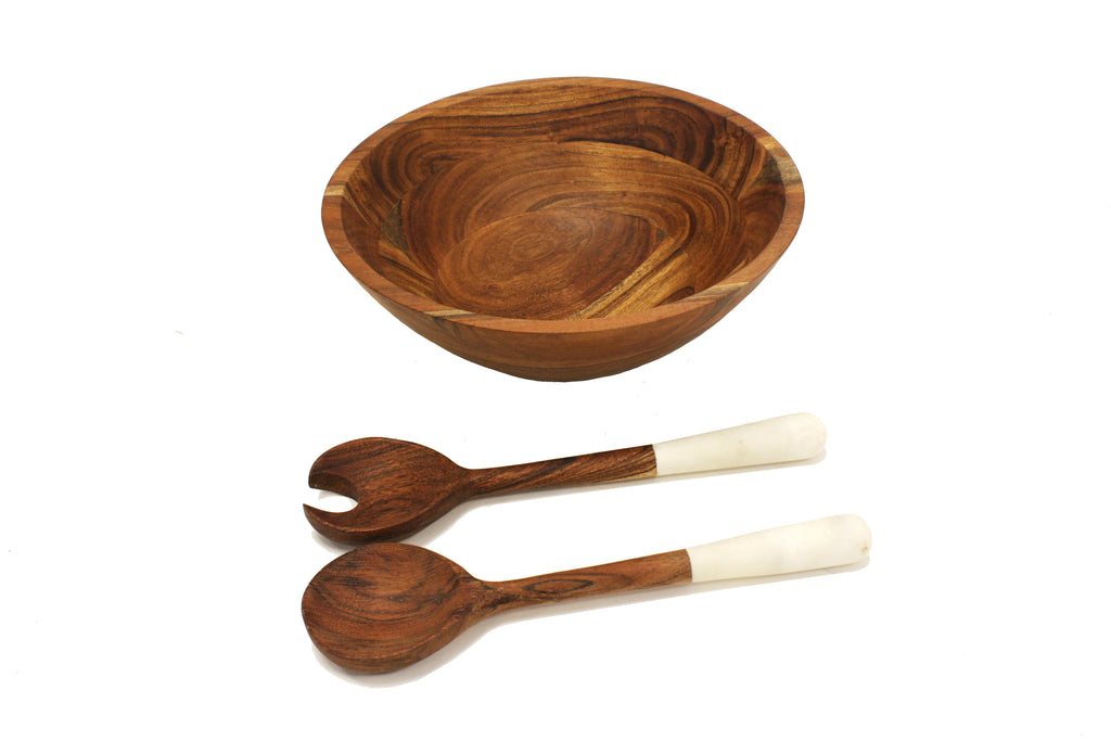 Mountain Woods 3 Piece Brown Acacia Wood Bowl and Premium Utensils Set - 12''