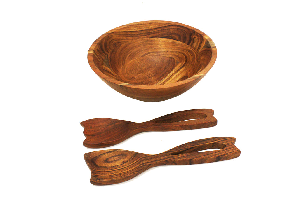 Mountain Woods 3 Piece Brown Acacia Wood Bowl and Premium Utensils Set - 12''