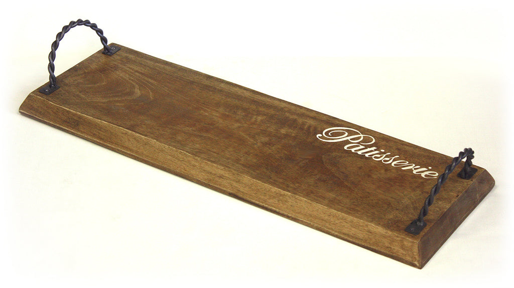 Mountain Woods Brown Artisan Pastry Shop/Patisserie Mango Wood Cutting Board & Serving Tray with Twisted Metal Handles 1