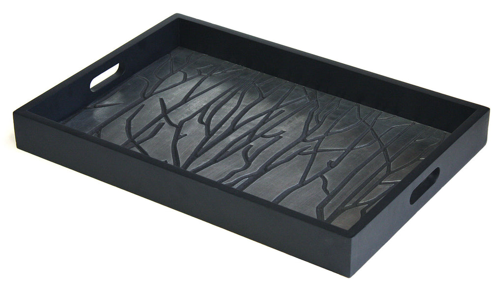Mountain Woods Black Tree Line Luxury Wooden Serving Tray w/ Brushed Aluminum Accents 1