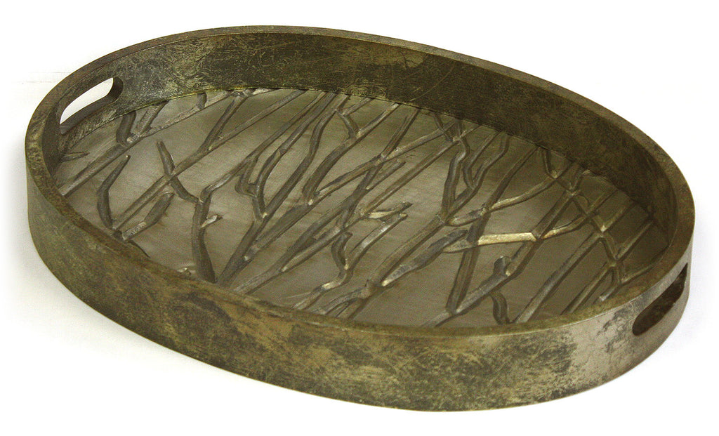 Mountain Woods Golden Tree Line Luxury Oval Wooden Serving Tray w/ Brushed Aluminum Accents 1