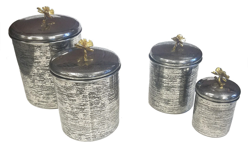 Zuccor Set of 4 Hand-Textured Stainless Steel Canisters W/ Brass Butterfly Ornament