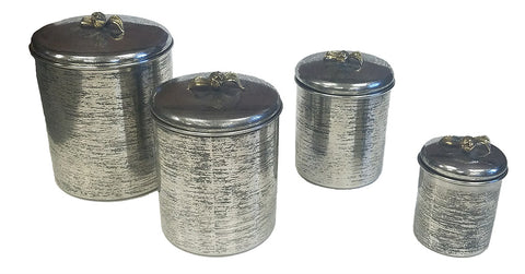 Zuccor Set of 4 Hand-Textured Stainless Steel Canisters W/ Brass Tulip Ornament