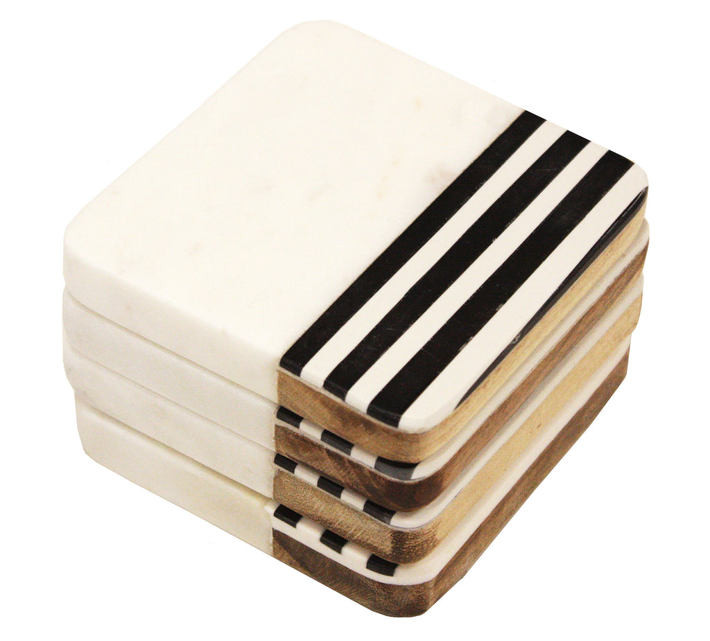 Zuccor Natural Marble with inlaid Acacia Hard Wood Set of 4 Coasters,  4”X4” X.5”